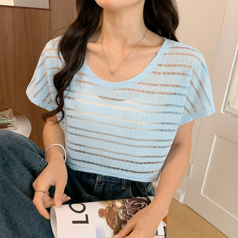 镂空薄款条纹套头小衫短袖罩衫女士2026新款夏季短款上衣减龄洋气