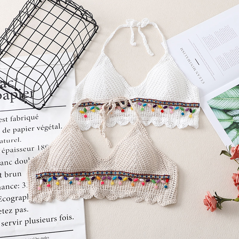 波西米亚民族风V领露背短款棉质挂脖小背心露脐度假网红吊带上衣