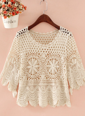 网衫女宽松网洞上衣镂空女士罩衫春夏喇叭袖女式针织衫短款韩版潮