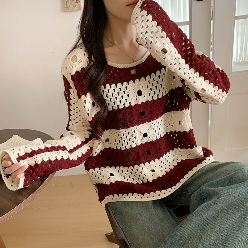 欧货条纹撞色镂空上衣女春秋2025新款圆领长袖套头宽松薄款针织衫