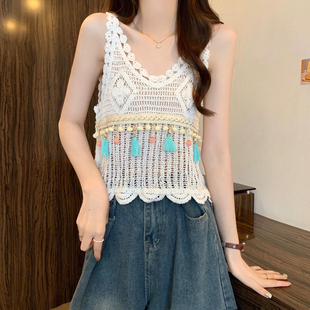 2025度假风纯色针织钩花背心女夏外穿吊带裙仙女温柔新款罩衫上衣