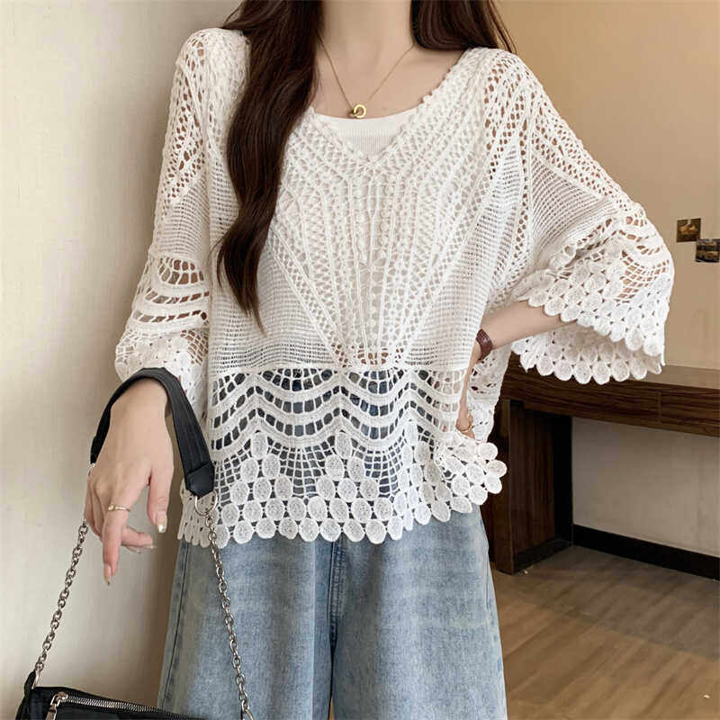 法式钩花套头空调衫外搭镂空罩衫女夏季2025新款百搭慵懒风防晒衣