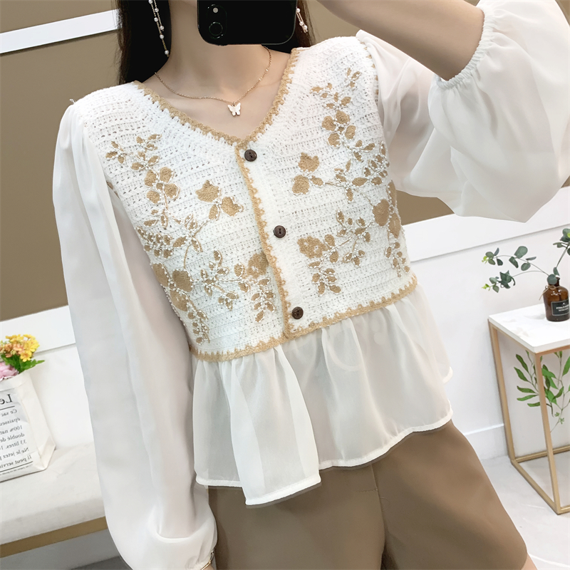 春夏新款绣花甜美钉珠短款雪纺衫