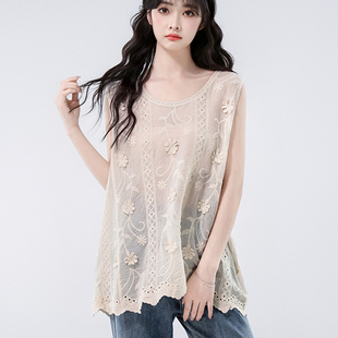 上衣 重工刺绣镂空吊带背心女外穿慵懒风显瘦减龄蕾丝无袖 夏季 韩式