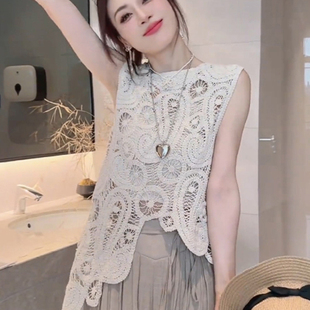 时尚 新款 洋气设计感马甲上衣 高级感镂空钩花不规则背心女夏季 韩式