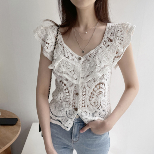 波西米亚风针织钩花镂空背心女春夏无袖短款马甲开衫外穿马甲上衣