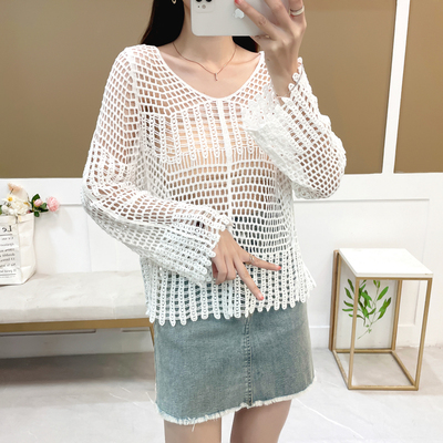 镂空绣花针织衫女宽松短款上衣