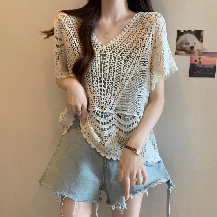 韩版小众钩花镂空针织衫V领短袖
