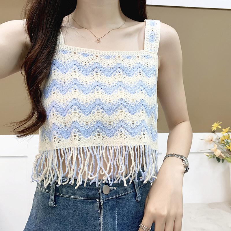 多巴胺海边小吊带背心女春夏季外穿条纹针织流苏甜美无袖打底上衣