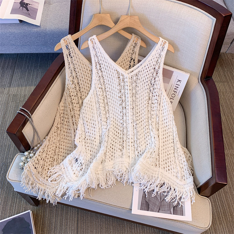 2025夏季波西米亚V领流苏吊带背心女外搭罩衫叠穿无袖内搭上衣潮
