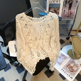 法式复古镂空针织薄款长袖钩花小罩衫宽松圆领海边防晒上衣女外穿
