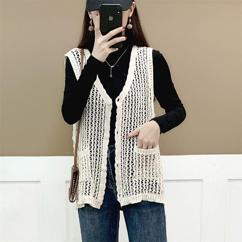 文艺镂空针织马甲女2025春季新款宽松无袖小背心V领马夹外搭坎肩