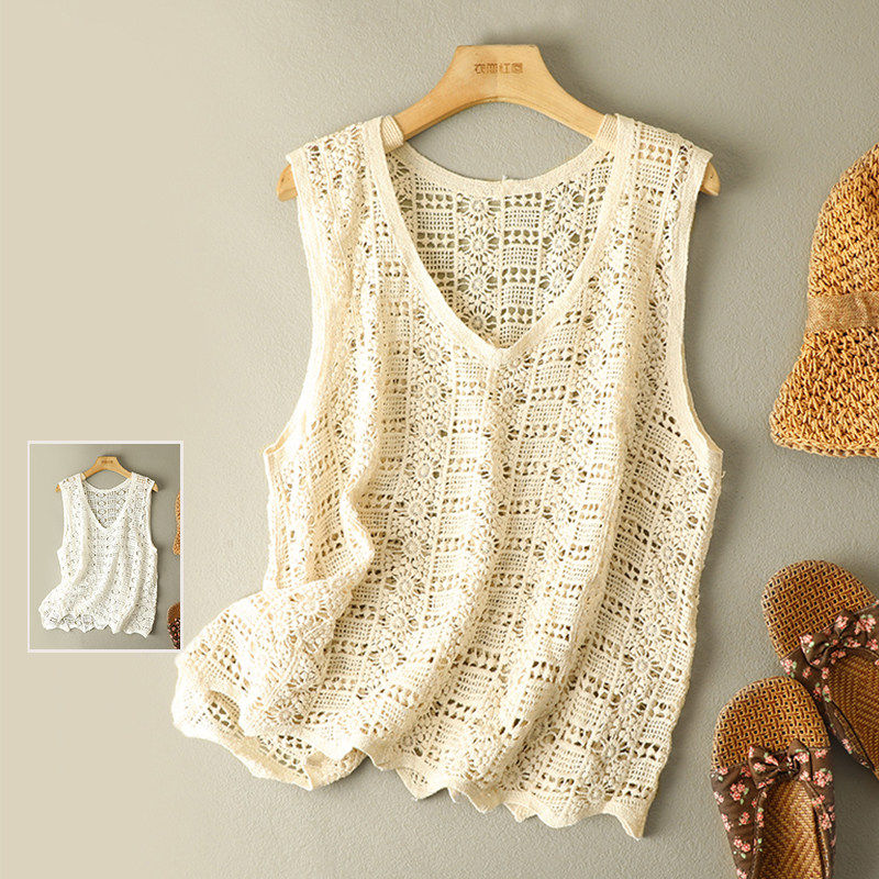 文艺减龄蕾丝勾花镂空背心马夹女纯色百搭无袖V领叠穿马甲上衣潮