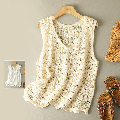 文艺减龄蕾丝勾花镂空V领马甲