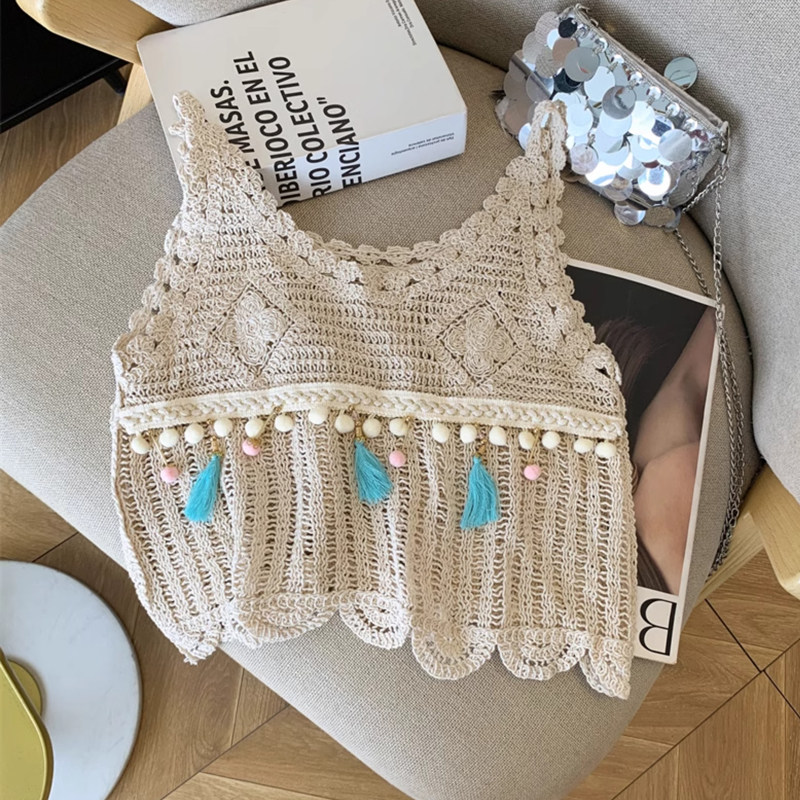 韩版流苏无袖针织背心女海边罩衫修身显瘦外穿短款镂空小吊带上衣