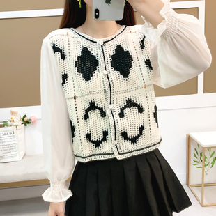 【孤品】森系镂空钩花开衫女2025早秋季V领拼接雪纺袖外搭防晒衫