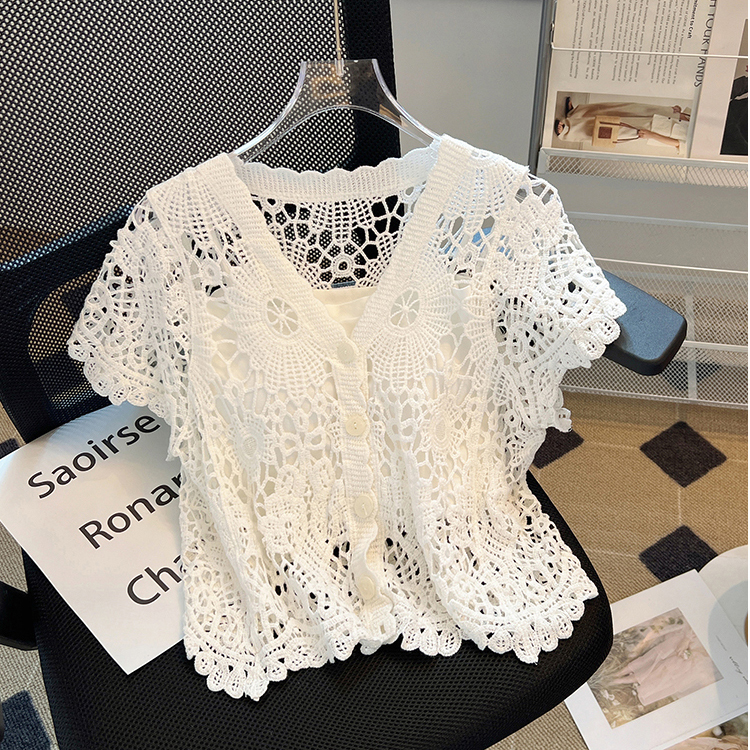 韩版宽松显瘦夏薄款蕾丝衫女网纱镂空针织开衫洋气设计感短款上衣