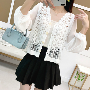 宽松针织开衫 2025秋季 衬衫 小清新百搭钩花镂空拼接雪纺长袖 女 新款