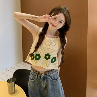 针织小吊带女夏法式 辣妹背心 复古小众设计感洋气减龄镂空钩花短款