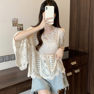 冰丝针织防晒罩衫女薄夏款显瘦设计感圆领镂空钩花外穿上衣空调衫