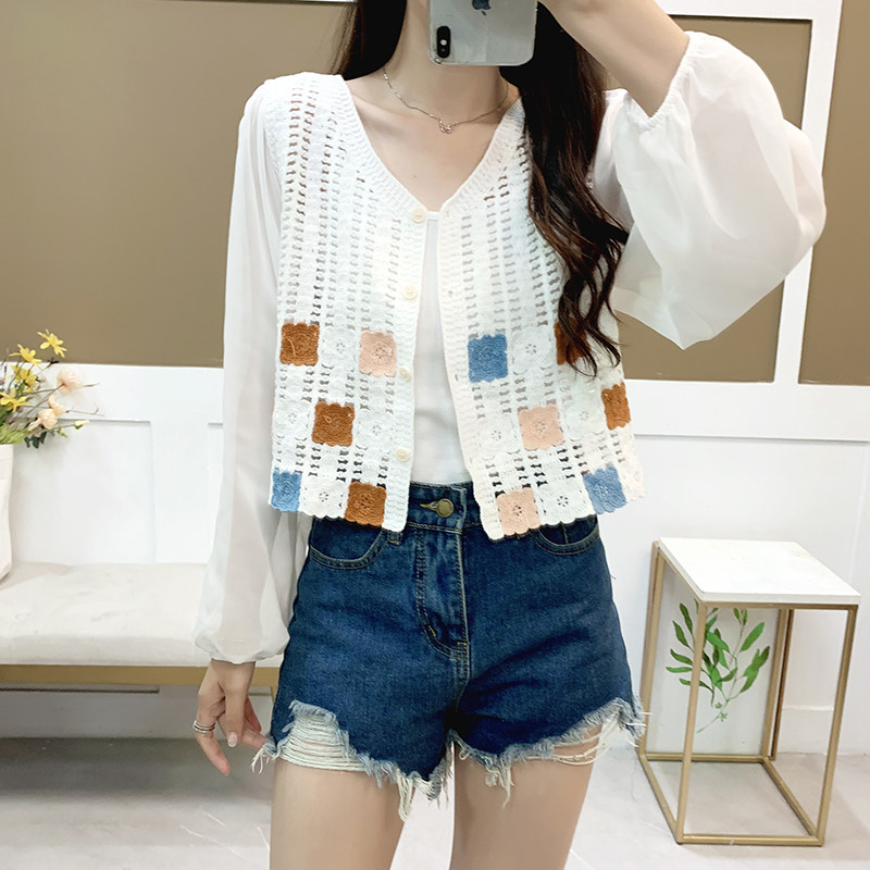 针织拼接雪纺衬衫女显瘦宽松上衣