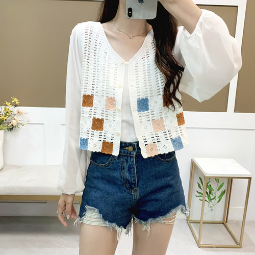 针织拼接雪纺衬衫女显瘦宽松上衣