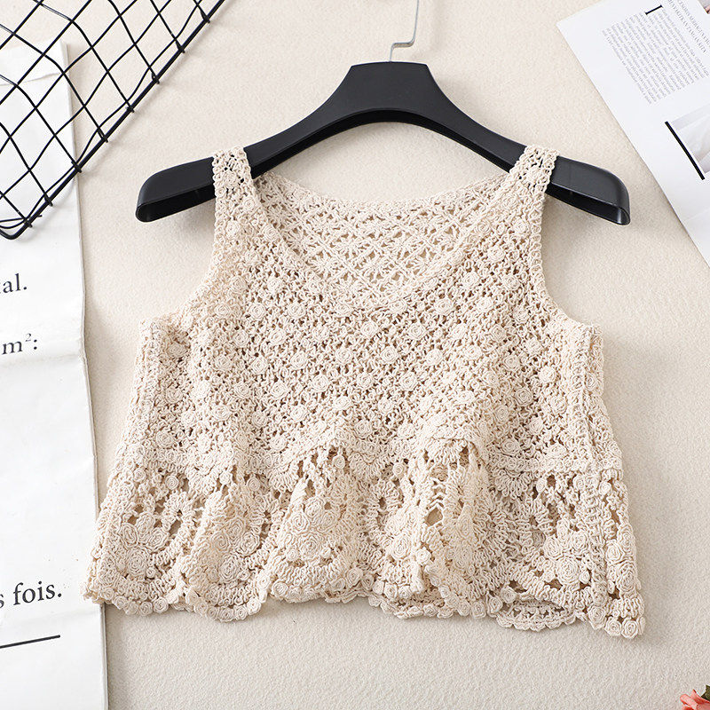 民族风蕾丝镂空马甲针织小背心宽松短款外搭罩衫无袖钩花坎肩上衣