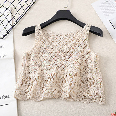 民族风蕾丝镂空钩花短款针织马甲