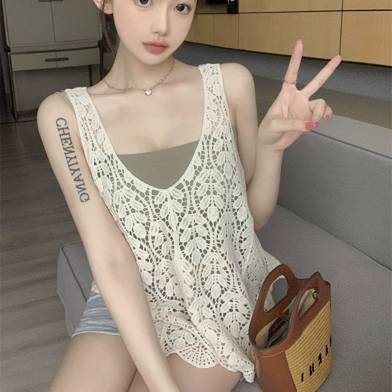法式镂空宽松背心女2025夏季新款冰丝减龄纯棉罩衫薄款甜辣上衣潮