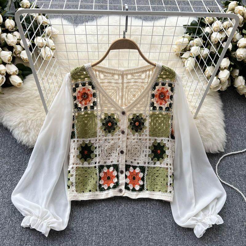 2025早秋新款钩花镂空蕾丝衬衫雪纺拼接设计感洋气宽松短款上衣女 - 恬恬喏麦制衣厂出品