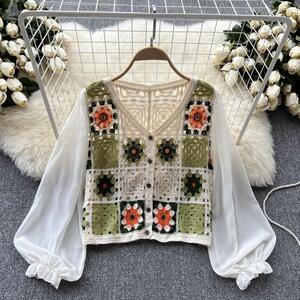 2025早秋新款钩花镂空蕾丝衬衫雪纺拼接设计感洋气宽松短款上衣女