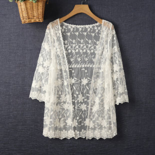 外套比基尼泳衣外搭沙滩罩衫 秋季 海边宽松白色绣花蕾丝防晒衣开衫