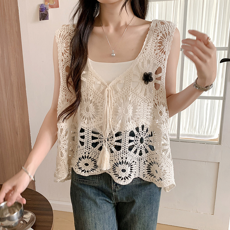 韩式甜美风针织钩花镂空蝴蝶结背心马甲女夏叠穿吊带罩衫无袖上衣
