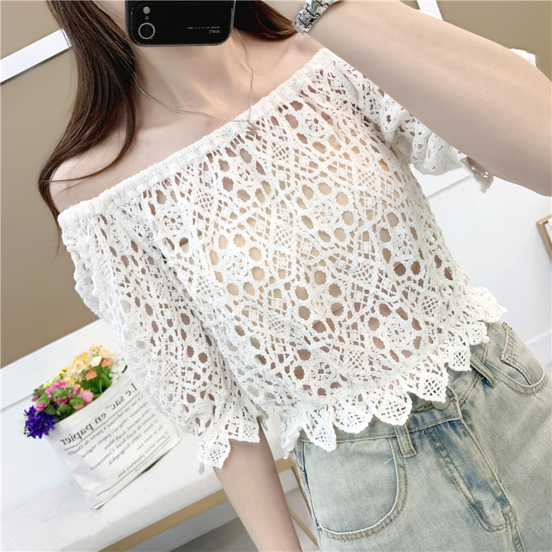 新款一字露肩蕾丝女短款上衣小衫