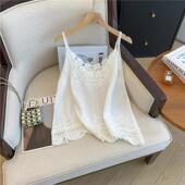 2025法式 休闲百搭钩花蕾丝棉麻背心女式 打底内搭蕾丝花边吊带上衣