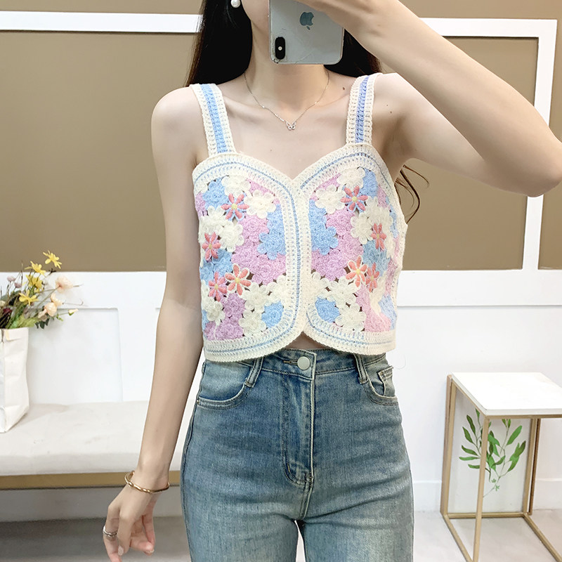 法式复古蕾丝花朵绣花针织小吊带女独特别致露脐辣妹小个子短背心