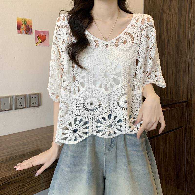 2025夏季新款韩版镂空吊带罩衫钩花宽松v领设计感针织衫女装上衣,女装/女士精品,蕾丝衫/雪纺衫,淘宝优惠券,粉丝福利购,淘宝优惠卷