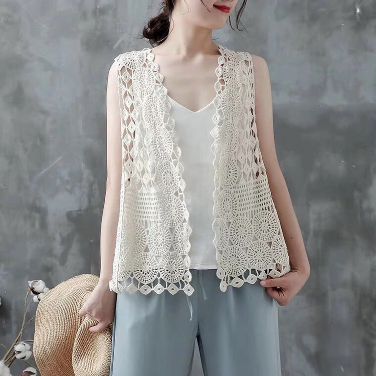 2026春夏宽松外搭纯棉透气开衫马甲女镂空短款减龄韩款背心女外穿