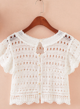 短袖针织罩衫女春夏镂空钩花短款宽松外搭配裙子上衣百搭棉线网衫