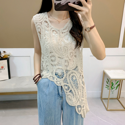 2025夏季新款纯色仙女风显瘦镂空不规则罩衫法式薄款小吊带背心女