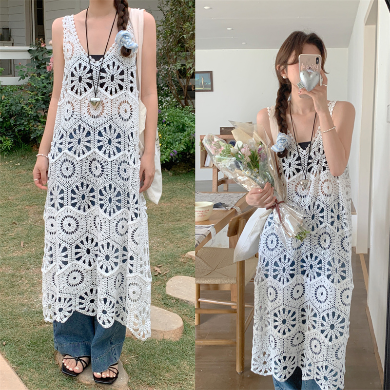 法式罩衫女镂空薄款针织背心纯色蕾丝衫夏简约甜美外搭套头防晒衫