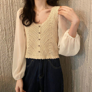 V领上衣很仙 薄甜美系衬衣法式 高级感小众雪纺无领衬衫 潮 蕾丝衫