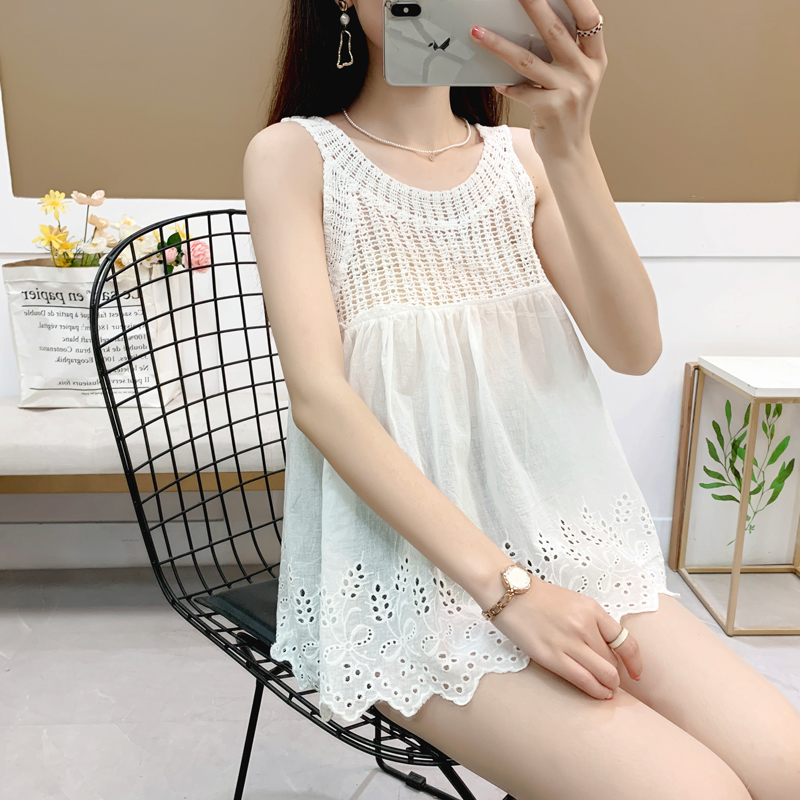 钩花镂空针织衫女拼接无袖背心