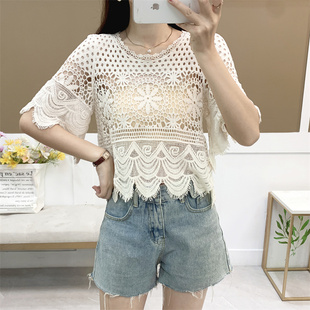 春夏新款勾花镂空蕾丝衫中袖短款防晒罩衫女超仙森系减龄外搭罩衣