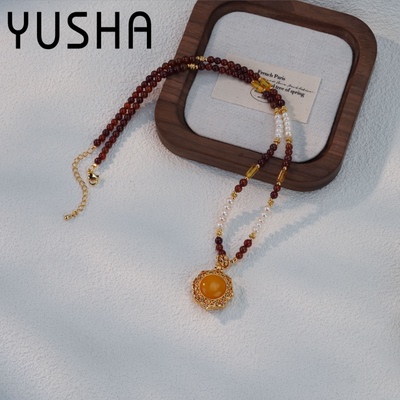 蜜蜡项链石榴石设计师手作时尚百搭项链 AB825