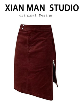 灯芯绒侧拉链设计感可调节开叉半身裙直筒显瘦时尚不规则酒红中裙
