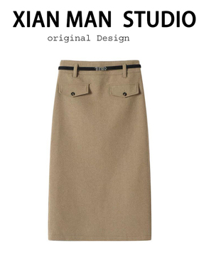 老钱风设计师卡其色修身直筒毛呢子半身裙女冬新款气质包臀中长裙