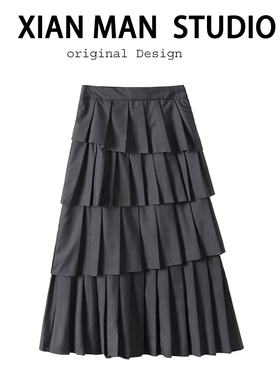 韩系高腰设计感中长款百褶蛋糕裙A字灰色小众层次感清冷风半身裙