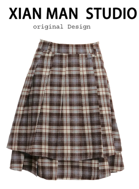 甜酷复古格纹拼接A字中长款半身裙2026春夏古格子双层百褶五分裙