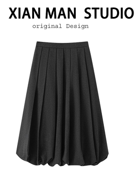 法式复古灰色宽松蓬蓬花苞裙冬通勤穿搭过膝显气质半身中长百褶裙